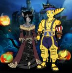  2018 anthro biceps black_hair castle cat chaps clothed clothing cosplay costume couple_(disambiguation) detailed_background digital_media_(artwork) dress duo feline final_fantasy final_fantasy_x food fruit fur girly goth grey_fur hair halloween hi_res holidays kai lombax looking_at_viewer lulu male male/male mammal muscular muscular_male nipples pecs piercing pumpkin ratchet_and_clank ratchetjak size_difference skull smile square_enix squaresoft standing video_games wakka yellow_fur 