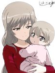  :o artist_name baby bangs brown_eyes bukkuri child_carry closed_mouth commentary dated eyebrows_visible_through_hair girls_und_panzer half-closed_eyes light_brown_hair long_hair long_sleeves looking_at_another looking_at_viewer looking_back mother_and_daughter multiple_girls onesie parted_lips red_shirt shimada_arisu shimada_chiyo shirt short_hair signature simple_background smile very_short_hair white_background younger 