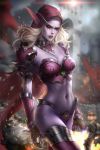  armor armored_boots armpits arms_at_sides artist_name ayya_saparniyazova battlement bikini_armor blonde_hair blurry blurry_background boots bow_(weapon) bracer breasts cape cleavage cowboy_shot debris elf fire flag floating_hair fortress gauntlets holding holding_weapon long_hair looking_at_viewer medium_breasts navel outdoors pale_skin parted_lips patreon_username pauldrons pointy_ears purple_skin red_eyes shoulder_armor solo sparks sylvanas_windrunner torn_cape undead warcraft weapon world_of_warcraft 