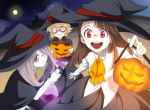  bat blonde_hair blue_eyes brown_hair cape cloud commentary fence flask full_moon hair_over_one_eye halloween hat highres jack-o'-lantern kagari_atsuko kog2n little_witch_academia long_hair looking_at_viewer lotte_jansson moon moonlight multiple_girls night night_sky orange_neckwear pink_hair potion red_eyes short_hair silhouette sky smile sucy_manbavaran witch witch_hat 