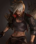  alternate_costume blue_eyes commentary gloves jacket kayle league_of_legends lipstick makeup navel pentakill pentakill_kayle short_hair sketch solo spikes suqling white_hair 