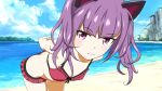  alice_gear_aegis animal_ears arms_behind_back bangs beach blush breasts butt_crack cat_ears cleavage closed_mouth cloud cloudy_sky commentary_request cowboy_shot day eyebrows_visible_through_hair ichijou_ayaka leaning_forward long_hair looking_at_viewer ocean outdoors panettone purple_eyes purple_hair sand sidelocks sky small_breasts solo standing swimsuit thigh_gap tree twintails water 