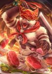  2018 abs anthro belt biceps capcom cat claws clothing cooking detailed_background fangs feline felyne food fur green_eyes headwear looking_at_viewer male mammal meat melee_weapon meowscular_chef monster_hunter monster_hunter_world muscular muscular_male open_mouth pawpads pecs pink_pawpads rabbity scar sharp_claws smile solo sword teeth video_games weapon whiskers 