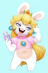  2018 anthro blonde_hair blue_eyes bottomless clothed clothing crookedtrees crown ear_piercing female fur hair holding_object lagomorph long_ears long_hair mammal mario_+_rabbids:_kingdom_battle mario_bros navel nintendo piercing rabbid_peach rabbit solo teeth video_games white_fur 