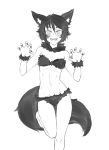  :d animal_ears ass_visible_through_thighs bare_shoulders blush claw_pose commentary english_commentary eyebrows_visible_through_hair fang fingernails fox_ears fox_tail freckles fur_bikini fur_collar greyscale halloween halloween_costume looking_at_viewer mari_(twrlare) monochrome navel open_mouth original sharp_fingernails short_hair simple_background smile solo standing standing_on_one_leg stomach tail thigh_gap twrlare v-shaped_eyebrows 