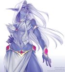 armlet blue_skin breasts brown_eyes elf fantasy gem hair_intakes hand_on_hip highres jewelry large_breasts lera_pi lips long_hair long_skirt necklace night_elf nose pointy_ears queen_azshara side_slit silver_hair skirt smile solo tiara warcraft white_background white_skirt world_of_warcraft 