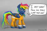  2018 bound bound_wings clothing dialogue english_text equine female friendship_is_magic hair mammal messy_hair multicolored_hair my_little_pony overalls pegasus prison_jumpsuit prison_overalls purple_eyes rainbow_dash_(mlp) rainbow_hair shackles solo speech_bubble strebiskunk text wings 