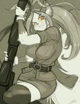  2018 anthro belt big_breasts biped blouse boots breasts cat chalo clothing cosplay dipstick_tail eyebrows feline fingers fluffy fluffy_tail footwear fur gloves gloves_(marking) gun hair hellsing holding_object holding_weapon inner_ear_fluff las_lindas legwear long_hair long_tail looking_at_viewer mammal markings monochrome multicolored_tail ranged_weapon red_eyes rifle sarah_silkie seras_victoria sketch skirt smile solo teeth thigh_highs toothy_grin two_tone_tail weapon yellow_sclera 