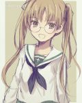  :d beefrice5 black_neckwear brown_eyes brown_hair brown_ribbon collarbone eyebrows_visible_through_hair girls_und_panzer glasses hair_ribbon long_hair long_sleeves looking_at_viewer ooarai_school_uniform oono_aya open_mouth ribbon round_eyewear sailor_collar school_uniform shirt sketch smile solo twintails upper_body white_shirt 