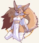  2018 anthro breasts brown_fur canine clothed clothing female fennec fox fur junebuq mammal red_eyes simple_background smile solo standing tan_fur wraps 