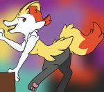  2018 anthro braixen breasts butt digital_media_(artwork) female fluffy fluffy_tail fur hi_res inner_ear_fluff leaning leaning_forward looking_back multicolored_fur nintendo nude open_mouth pawpads paws pok&eacute;mon pok&eacute;mon_(species) red_fur red_nose sharp_teeth smile solo standing suggestive teeth toes tongue tongue_out trap_(disambiguation) video_games white_fur yellow_fur zunknown 