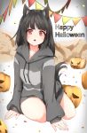  a_z_u_c_o animal_ears brown_eyes chestnut_mouth commentary_request english fang grey_hoodie halloween happy_halloween highres hood hood_down hoodie long_hair long_sleeves no_pants original pumpkin sitting solo string_of_flags tail wolf_ears wolf_tail yokozuwari 