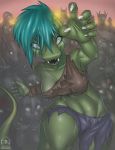  2018 blue_eyes blue_hair breasts clothed clothing dragonnetstorm female hair halloween holidays insane lizard lizzy looking_at_viewer non-mammal_breasts pinup pose reptile scalie teeth torn_clothing 