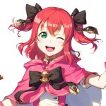 ;d black_bow bow commentary_request corsetman floating_hair green_eyes hair_between_eyes hair_bow head_tilt kurosawa_ruby looking_at_viewer love_live! love_live!_sunshine!! one_eye_closed open_mouth pink_capelet red_hair shiny shiny_hair short_sleeves simple_background smile solo twintails upper_body white_background 