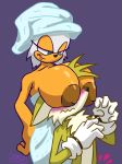  2018 age_difference anthro areola bat big_breasts blush boob_hat breasts canine clothing cronum duo eyelashes female fox fur gloves huge_breasts implied_erection inverted_nipple male mammal miles_prower nipples older_female rouge_the_bat simple_background smile sonic_(series) these_aren&#039;t_my_glasses towel video_games younger_male 