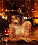  alcohol anthro beverage breasts cat clothed clothing feline female food fruit halloween hat holidays looking_at_viewer mammal nipples pumpkin smile solo stasmihailov topless whiskers 