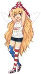  alternate_legwear american_flag_legwear armpits arms_behind_head arms_up artist_request blonde_hair clownpiece denim denim_shorts fairy_wings full_body hat jester_cap long_hair open_mouth red_eyes shoes short_shorts shorts smile solo tank_top thighhighs third-party_edit touhou transparent_background very_long_hair white_tank_top wings 