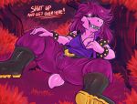  anthro baggy_pants boots bracelet breasts claws clothing deltarune detailed_background dialogue dimwitdog dragon english_text female footwear forest front_view furgonomics glint grass grin hair hair_over_eyes hand_on_knee jewelry looking_at_viewer nipples non-mammal_breasts on_ground one_breast_out outside pink_skin plant plantigrade presenting presenting_breasts purple_hair reclining scalie sharp_teeth shirt_pull shrub sitting smile snout solo spiked_armband spiked_bracelet spikes spread_legs spreading susie_(deltarune) teeth text tree video_games zipper 