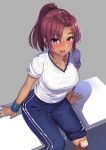  arm_support arms_at_sides bandaid bandaid_on_knee blue_pants blush breasts dark_skin grey_background gym_uniform highres kagematsuri looking_at_viewer medium_breasts open_mouth original pants pants_rolled_up ponytail purple_eyes red_hair shiny shiny_hair shirt shirt_tucked_in short_sleeves simple_background sitting solo sweat track_pants twitter_username white_shirt wristband 