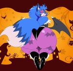  2018 5_fingers absurd_res anthro big_butt biped black_wings blue_fur blue_hair blush breasts butt butt_heart canine clothed clothing darkstalkers demon digital_media_(artwork) eye_patch eyelashes eyewear female fox fur hair halloween hi_res holidays huge_butt japanese lazuli_(doggod.va) legwear long_hair looking_at_viewer mammal membranous_wings midriff morrigan multicolored_fur navel pattern_clothing pink_eyes portrait rear_view skinsuit slightly_chubby socks solo spread_wings sssonic2 striped_legwear striped_socks stripes succubus thick_thighs thigh_highs three-quarter_portrait tight_clothing tights two_tone_wings url video_games voluptuous watermark white_fur white_skin wide_hips wings 