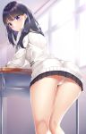  ass bangs black_hair black_skirt blue_eyes blush cameltoe cardigan closed_mouth commentary_request day desk eyebrows_visible_through_hair highres indoors leaning_forward long_hair long_sleeves looking_at_viewer looking_back microskirt panties pleated_skirt rong_yi_tan school_desk skirt solo ssss.gridman sunlight takarada_rikka underwear white_cardigan white_panties window 