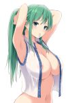  absurdres areola_slip areolae armpits arms_up bangs bare_arms bare_shoulders blue_eyes blush breasts commentary_request covered_nipples eyebrows_visible_through_hair green_hair hair_ornament hair_tie hair_tie_in_mouth highres kochiya_sanae large_breasts long_hair looking_at_viewer mouth_hold navel open_clothes open_shirt shirt sidelocks simple_background smile snake_hair_ornament solo stomach techi_(techi35499) touhou tying_hair upper_body white_background white_shirt 