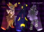  2018 3_toes animal_genitalia animal_penis animal_pussy anus ass_up balls braixen butt canine canine_penis canine_pussy chest_tuft darkwufflez digital_media_(artwork) eeveelution english_text erection female feral foot_focus glowing group hand_behind_head hi_res knot looking_at_viewer lying male mammal naughty_face nintendo nude on_back paws penis pok&eacute;mon pok&eacute;mon_(species) presenting pussy riolu spotlight spread_legs spread_pussy spreading text toes tongue tongue_out tuft umbreon video_games 