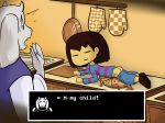  age_difference ambiguous_gender anthro boss_monster butt caprine clothed clothing duo female food food_play goat horn human human_focus mammal oven_mitts pan pie protagonist_(undertale) relatedguy solo_focus text toriel undertale video_games 