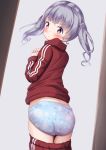  ass bangs blue_panties blush closed_mouth commentary_request eyebrows_visible_through_hair grey_hair hands_up head_tilt highres jacket kantai_collection long_hair long_sleeves looking_at_viewer looking_back mochiyuki ooshio_(kantai_collection) own_hands_together panties pants pants_pull purple_eyes red_jacket red_pants solo standing track_jacket track_pants track_suit twintails underwear v-shaped_eyebrows 