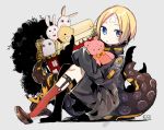  1girl :o abigail_williams_(fate/grand_order) balloon bangs black_bow black_jacket blonde_hair blue_eyes blush bow brown_footwear crossed_bandaids fate/grand_order fate_(series) fou_(fate/grand_order) grey_background hair_bow heroic_spirit_traveling_outfit highres jacket loafers long_sleeves looking_at_viewer medjed object_hug orange_bow parted_bangs parted_lips polka_dot polka_dot_bow red_legwear shoes sitting sleeves_past_fingers sleeves_past_wrists socks sofra solo stuffed_animal stuffed_toy suction_cups teddy_bear tentacle 