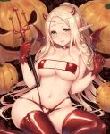  areolae bangs bare_shoulders bikini blonde_hair blush breasts choker cleavage closed_mouth collarbone demon_horns demon_wings elf eyepatch_bikini gloves green_eyes halloween holding holding_weapon horns jack-o'-lantern large_breasts lips long_hair looking_at_viewer navel parted_bangs po_ni pointy_ears polearm ponytail red_bikini red_choker red_gloves red_legwear sekaiju_no_meikyuu sitting skindentation solo swimsuit thighhighs trident very_long_hair warlock_(sekaiju) weapon wings 