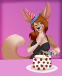  2018 anthro big_breasts breasts brown_fur cake candle canine cleavage clothed clothing conditional_dnp dress female fennec food fox fruit fur green_eyes hair hat holding_object holding_weapon inner_ear_fluff knife licking licking_lips mammal multicolored_fur one_eye_closed party_hat pink_background red_hair simple_background smile solo strawberry tongue tongue_out two_tone_fur vilani weapon wink 