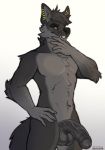  2018 anthro balls big_balls big_penis black_nose black_penis canine deessel ear_piercing edugta_(character) hair humanoid_penis male mammal nude penis piercing purple_eyes simple_background solo teeth wolf zereno 