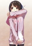  ayataka black_eyes black_hair black_legwear clothes_writing commentary_request english highres hood hood_down hoodie long_sleeves original pantyhose sleeves_past_wrists solo 