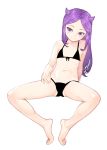  arm_support barefoot bikini black_bikini closed_mouth commentary_request feet flat_chest full_body hamada_yoshikazu highres horns long_hair looking_at_viewer navel official_art oriobana_ouna partial_commentary purple_eyes purple_hair shiny shiny_skin simple_background sitting smile solo spread_legs swimsuit toes tsugumomo white_background 