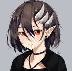  brown_hair choker commentary_request demon_girl demon_horns earrings grey_background highres horns jewelry looking_at_viewer minjiharu multiple_horns original pointy_ears red_eyes signature simple_background smile solo spiked_choker spikes stud_earrings 