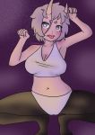  &lt;3 2018 belly big_breasts big_thighs blush breasts clothed clothing crouching digital_media_(artwork) fangs female freckles hair hi_res horn huge_breasts humanoid legwear light looking_at_viewer markings not_furry open_mouth pastel pink_skin purple_hair sharp_teeth short_hair socks solo stockings succubus teeth thick_thighs tongue tongue_out yellow_light zunknown 
