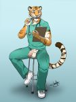  2018 anthro balls chest_tuft clipboard clothed clothing feline flaccid footwear fully_clothed humanoid_penis jaykat looking_at_viewer male mammal medical nurse pants penis poking_out pubes shirt shoes simple_background sitting solo stethoscope tiger tuft uncut uniform unprofessional_behavior 