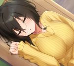  black_hair breasts cccpo closed_eyes collarbone commentary eyebrows eyes_visible_through_hair hair_between_eyes hand_up large_breasts long_sleeves lying on_back open_mouth original ribbed_sweater short_hair sleeping solo sweater upper_body yellow_sweater 