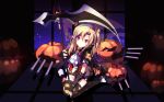  azur_lane blonde_hair cannon cleveland_(azur_lane) eyebrows_visible_through_hair gloves hair_between_eyes hair_ornament highres ioniccrystal night night_sky pointy_ears pumpkin red_eyes scythe sitting sky smile solo thighhighs twintails 
