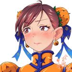  adapted_costume blush brown_eyes brown_hair bun_cover chun-li commentary_request dated double_bun dress earrings embarrassed food_themed_hair_ornament hair_ornament hair_ribbon halloween highres hori_shin jack-o'-lantern jack-o'-lantern_earrings jewelry lips looking_to_the_side orange_dress pixiv portrait pumpkin pumpkin_hair_ornament ribbon signature solo street_fighter 