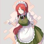  ;) alternate_costume apron ascot bangs black_bow black_neckwear blue_eyes bow breasts commentary_request cosplay cowboy_shot dress enmaided eyebrows_visible_through_hair frilled_apron frills green_dress grey_background hair_bow hand_on_hip hand_up hong_meiling izayoi_sakuya izayoi_sakuya_(cosplay) large_breasts leaning_forward long_hair looking_at_viewer maid maid_apron maid_headdress one_eye_closed petticoat puffy_short_sleeves puffy_sleeves red_hair rin_falcon shirt short_sleeves simple_background smile solo touhou very_long_hair waist_apron white_apron white_shirt wrist_cuffs 