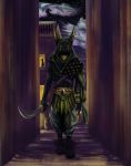  2018 africa anthro anubian_jackal architecture armor big_ears black_fur black_nose canine claws clothed clothing detailed_background digital_drawing_(artwork) digital_media_(artwork) egyptian full-length_portrait fur gem hi_res holding_object holding_weapon hood jackal jewelry looking_at_viewer male mammal melee_weapon night nipples paws portrait rogue scimitar sky solo standing star starry_sky sword tall_lizzard_(artist) toes walking warrior weapon yellow_eyes 