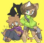  ! 2018 anthro cat cervine clothed clothing digital_media_(artwork) duo feline female fully_clothed fur gun hair helia_peppercats_(wrinklynewt) hoodie hooves looking_at_viewer mammal murninatair ranged_weapon rina_an_dan simple_background smile standing weapon 