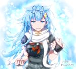  alternate_color baileys_(tranquillity650) bangs black_ribbon black_serafuku blue_eyes blue_hair blurry bokeh breasts clenched_hand commentary depth_of_field eyebrows_visible_through_hair fingerless_gloves floating_hair gloves grin hair_flaps hair_ornament hair_ribbon hairclip hand_up highres kantai_collection long_hair looking_at_viewer messy_hair neckerchief parody red_neckwear remodel_(kantai_collection) ribbon scarf school_uniform serafuku sidelocks signature sleeve_cuffs smile solo super_saiyan_blue twitter_username upper_body white_scarf wind wind_lift yuudachi_(kantai_collection) 