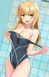  blonde_hair breasts cccpo cleavage collarbone competition_swimsuit covered_navel cowboy_shot dutch_angle green_eyes large_breasts long_hair looking_at_viewer one-piece_swimsuit open_mouth original smile solo swimsuit swimsuit_pull tile_wall tiles 