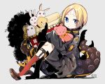  1girl :o abigail_williams_(fate/grand_order) balloon bangs black_bow black_jacket blonde_hair blue_eyes blush bow brown_footwear commentary_request crossed_bandaids fate/grand_order fate_(series) fou_(fate/grand_order) grey_background hair_bow heroic_spirit_traveling_outfit highres jacket loafers long_sleeves looking_at_viewer medjed object_hug orange_bow parted_bangs parted_lips polka_dot polka_dot_bow red_legwear revision shoes sitting sleeves_past_fingers sleeves_past_wrists socks sofra solo stuffed_animal stuffed_toy suction_cups teddy_bear tentacle 