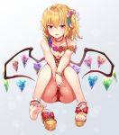  ankle_cuffs barefoot bikini blonde_hair blush bow breasts cameltoe choker cleavage collarbone eyebrows_visible_through_hair feet fingernails flandre_scarlet flower flower_wreath footwear_removed frills hair_flower hair_ornament halterneck heart_shape highres kaerunoko labia looking_at_viewer medium_breasts neck open_mouth parted_lips partially_visible_vulva ponytail red_bikini red_eyes sandals sandals_removed shoe_bow shoes short_hair side_ponytail simple_background sitting soles solo sweat swimsuit thick_thighs thighs toenails touhou wings wristband 