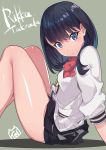  black_hair black_skirt blue_eyes bow bowtie cardigan character_name eyebrows_visible_through_hair green_background highres legs long_hair long_sleeves looking_at_viewer red_neckwear simple_background sitting sketch skirt solo ssss.gridman takarada_rikka thighs white_cardigan yamacchi 