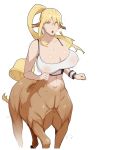  1girl animal_ears bangs bare_arms bare_shoulders blonde_hair bottomless bouncing_breasts breasts centaur centorea_shianus cleavage commentary covered_nipples crossed_bangs english_commentary exercise hair_between_eyes heavy_breathing highres horse_ears horse_tail huge_breasts long_hair looking_at_viewer materclaws monster_girl monster_musume_no_iru_nichijou motion_lines parted_lips ponytail purple_eyes running signature simple_background solo sports_bra tail unaligned_breasts white_background 